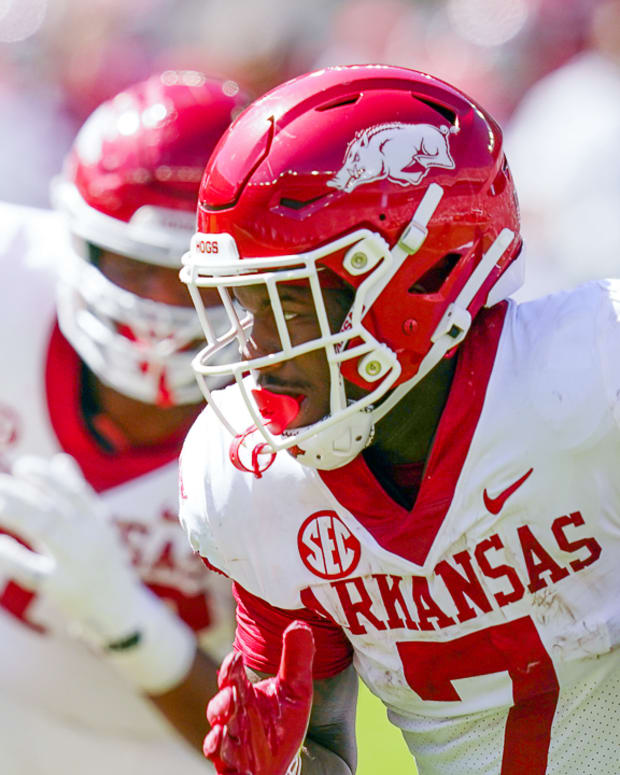 Razorbacks Rashod Dubinion looking for running room against Alabama